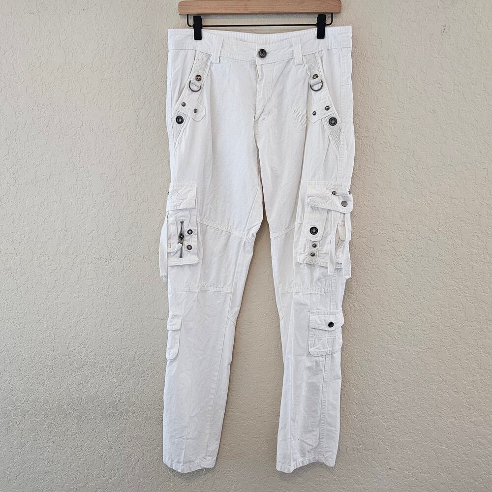 White Cargo Pants Multi Pockets Straight Leg Relax Fit Women Size 31 Punk Casual